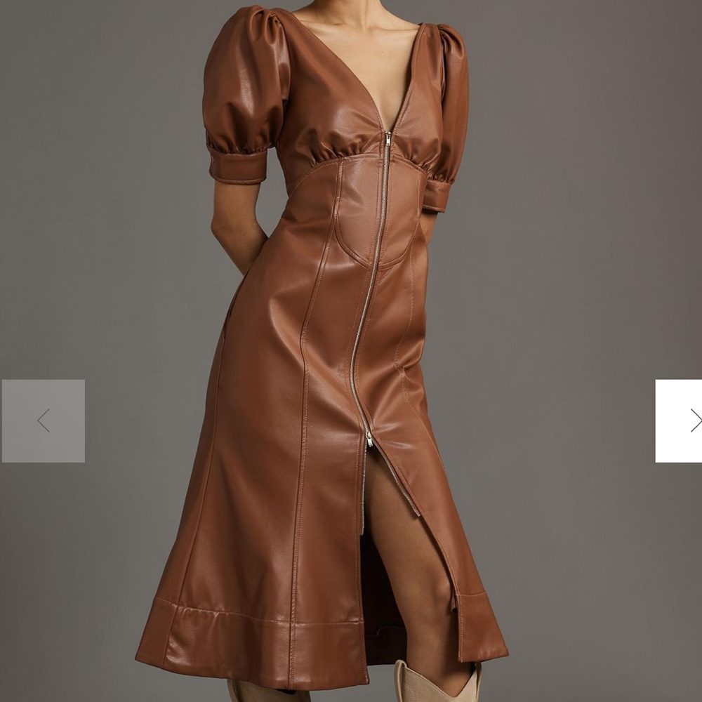 Anthropologie Faux Leather Puff-Sleeve Zip-Front Midi Dress
